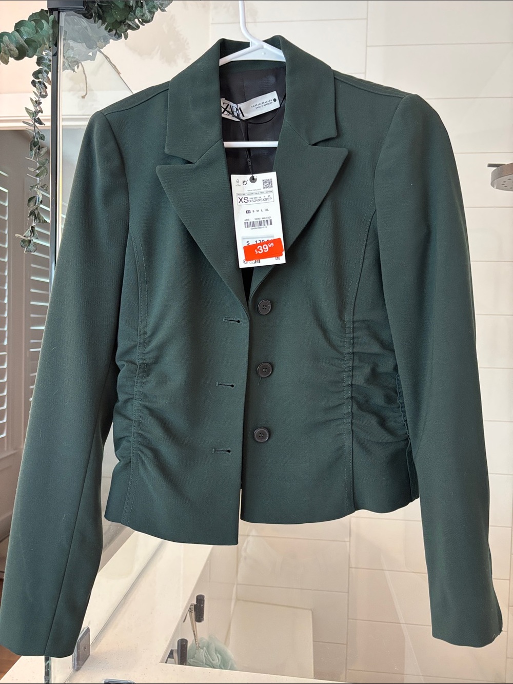Zara Forest Green Ruched-Side Tailored Blazer